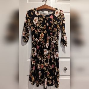 French Grey Black Floral 3/4 Sleeve Dress